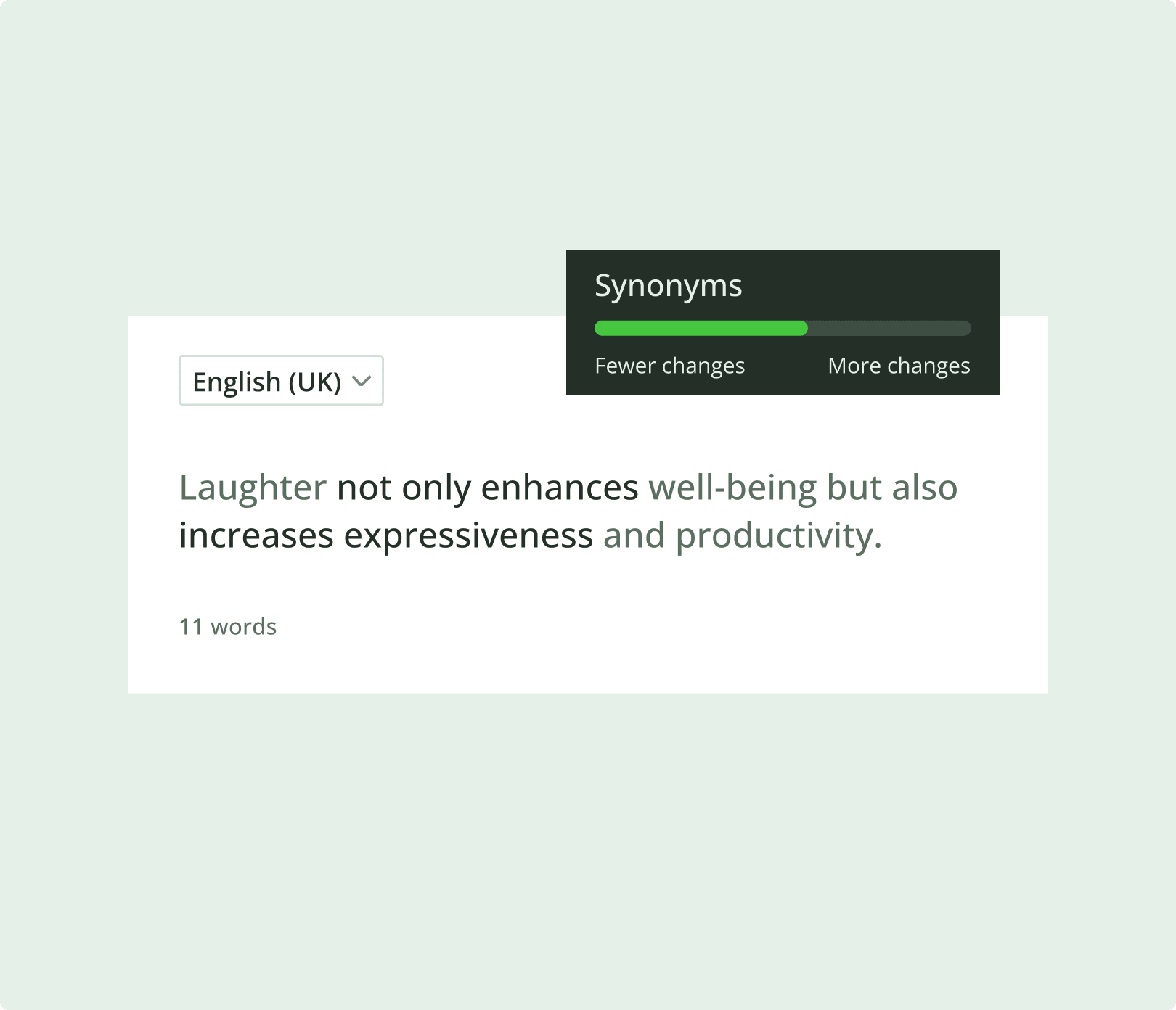 QuillBot 官方功能图：调整同义词替换程度。